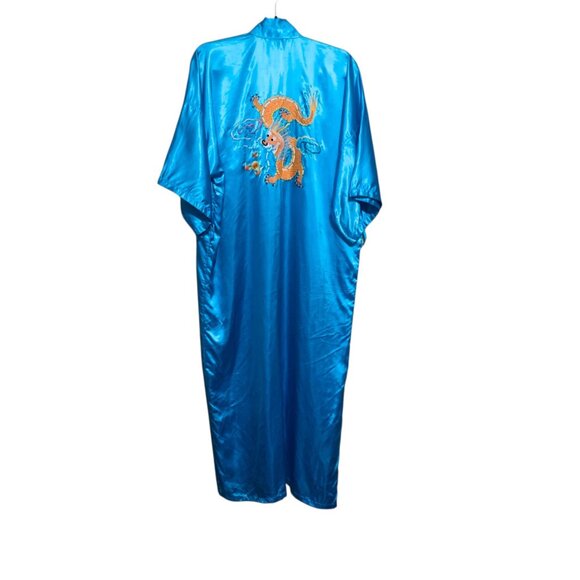 Vintage Blue Satin 5-Claw Dragon Embroidered Kimono Robe Pockets For Men Women - Picture 5 of 13